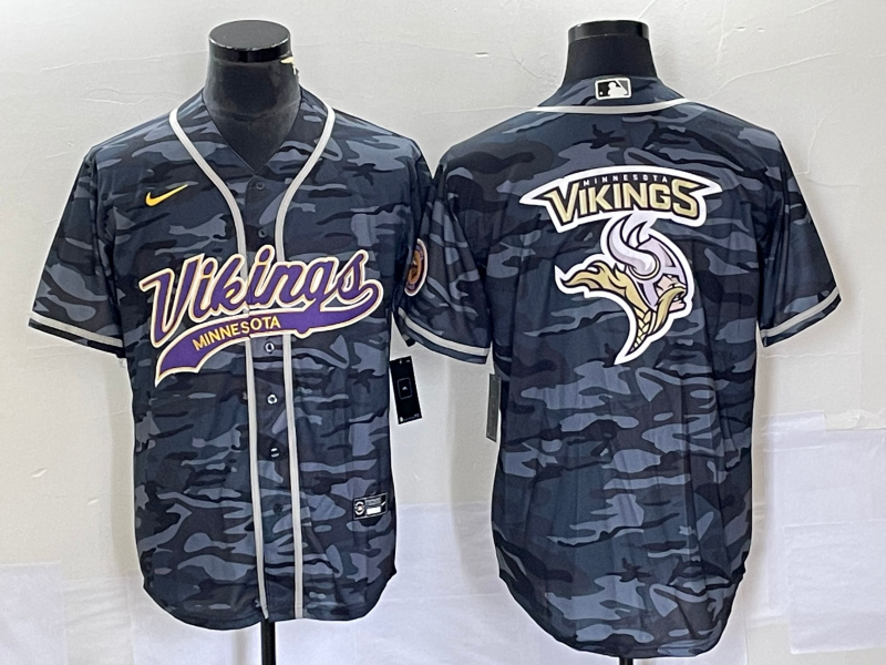 Men's Minnesota Vikings Grey Camo Team Big Logo Cool Base Stitched Baseball Jersey